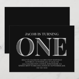 Invitation Soirée minimaliste Noir et Argent 1er anniversaire