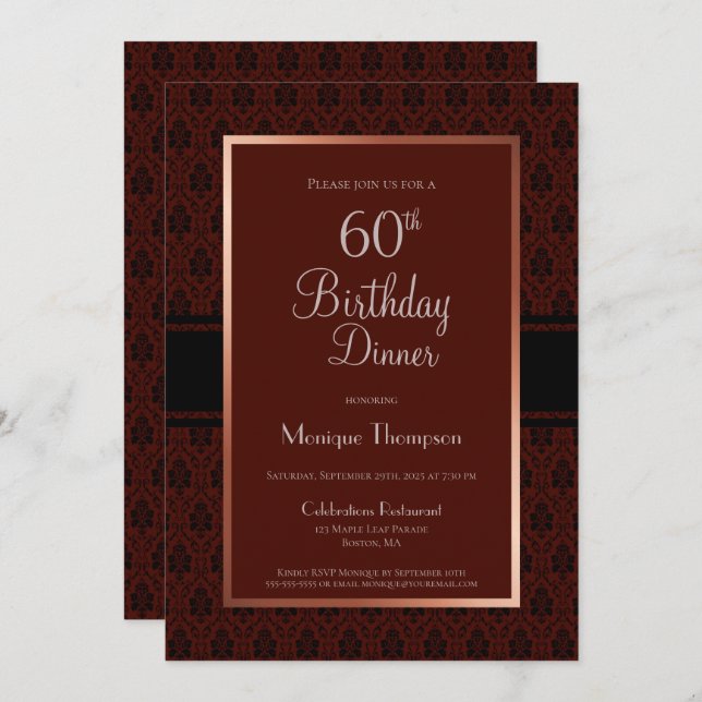 Invitation Soirée moderne en Bourgogne Damask 60e anniversair (Devant / Derrière)