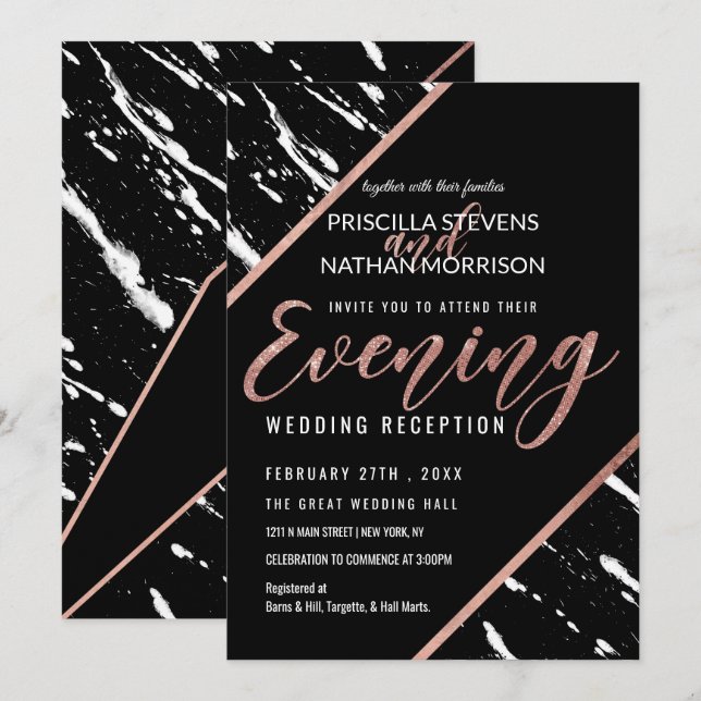 Invitation Soirée moderne en marbre noir Rose en or chic (Devant / Derrière)