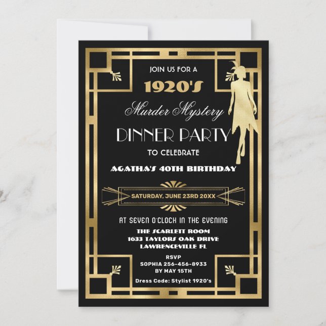 Invitation Soirée mystère de meurtre Art Déco Gatsby les anné (Devant)