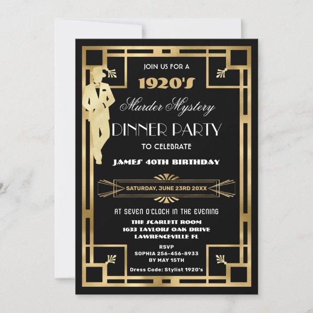 Invitation Soirée mystère de meurtre Art Déco Gatsby les Anné (Devant)