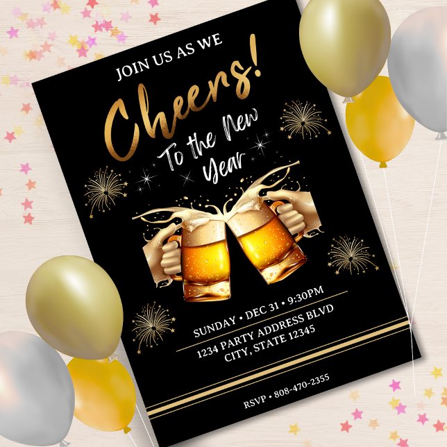 Invitation Soirée Noire & Or au Nouvel An 2024 (Black & Gold Cheers to New Years Eve Party 2024 Invitation)