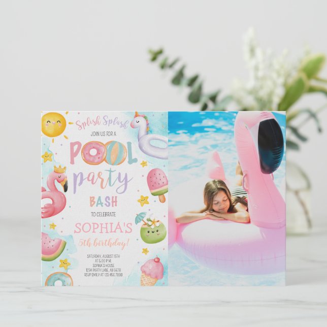 Invitation Soirée Piscine Mignonne Anniversaire Photo Bash (Debout devant)