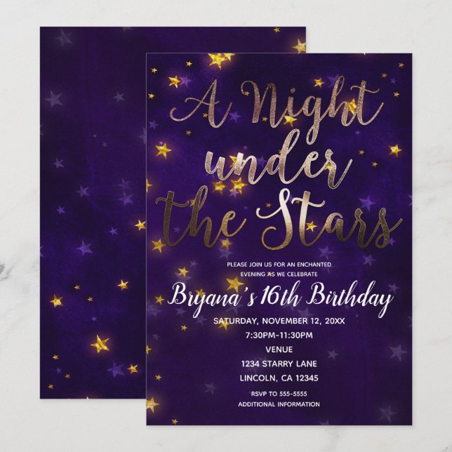 Invitation Soirée Purple & Gold Sous Les Étoiles Céleste (Devant / Derrière)