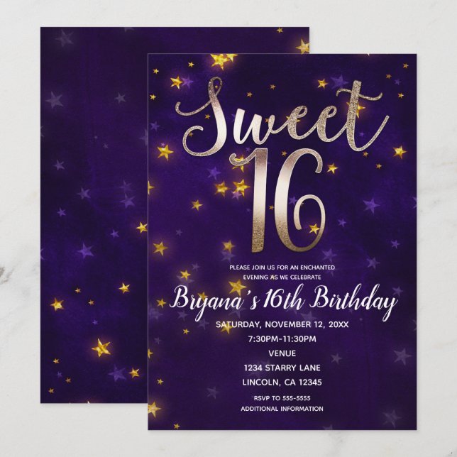 Invitation Soirée Purple & Gold Sous Les Étoiles Sweet 16 Par (Devant / Derrière)