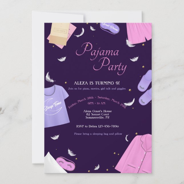 Invitation Soirée Pyjama pour Filles (Devant)