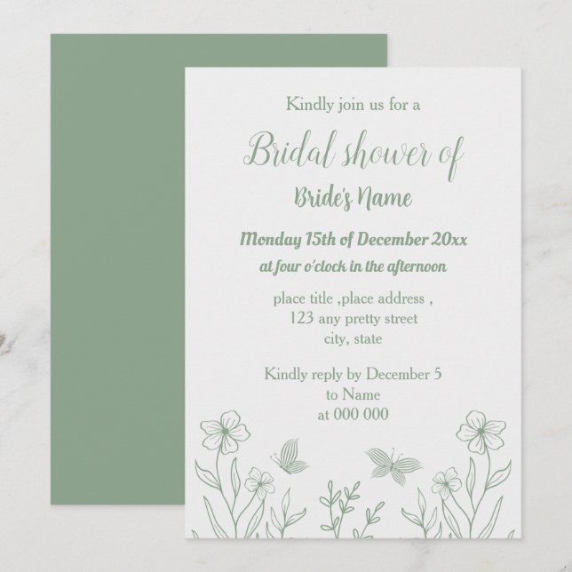 Invitation Soirée romantique élégante sauge verte fleurie nup (Devant / Derrière)