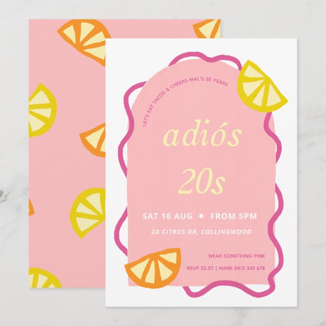 Invitation Soirée rose 30e anniversaire Mexican Adios 20s (Devant / Derrière)