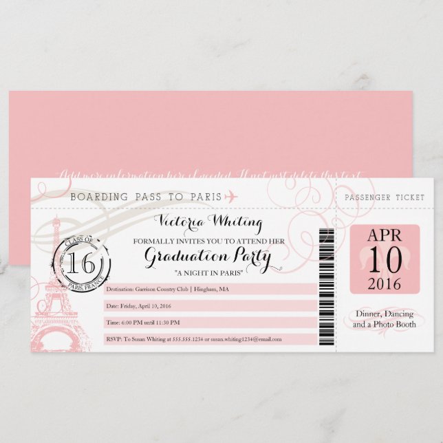 Invitation Soirée rose à Paris Graduation Party Embarquement  (Devant / Derrière)
