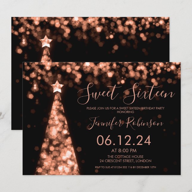 Invitation Soirée Rose Gold & Black Christmas Sweet 16 Party (Devant / Derrière)