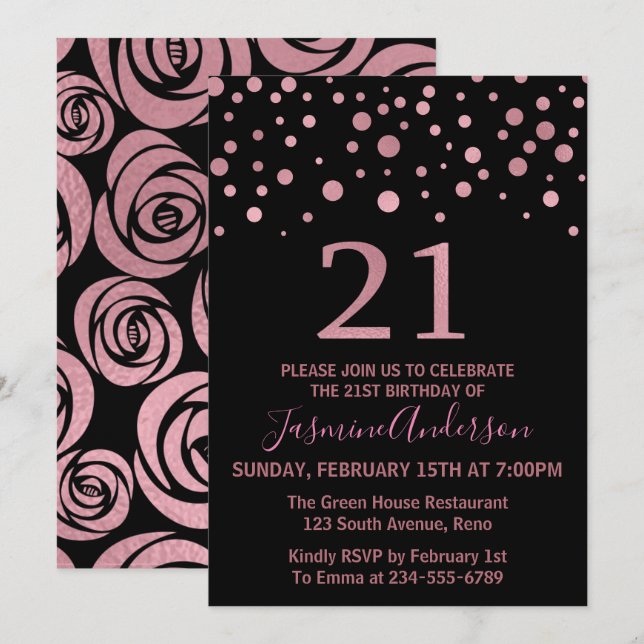 Invitation Soirée Rose Gold Faux Foil 21e anniversaire (Devant / Derrière)