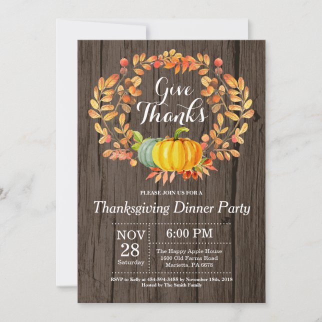 Invitation Soirée Rustique Thanksgiving Diner Party Automne a (Devant)