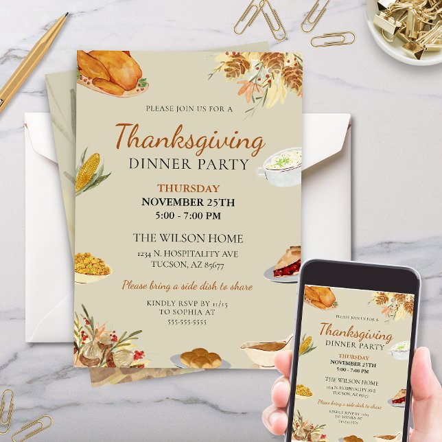 Invitation Soirée Rustique Traditionnelle Thanksgiving (Traditional Thanksgiving Dinner Party invitation with turkey fall floral pie stuffing and corn)