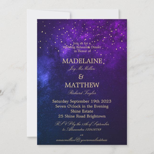 Invitation Soirée Sky Gold Stars Purple Mariage Repétition (Devant)