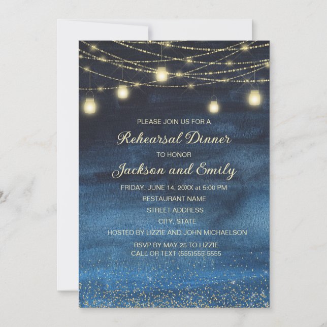 Invitation Soirée Sky Gold String Lights Dîner de répétition (Devant)