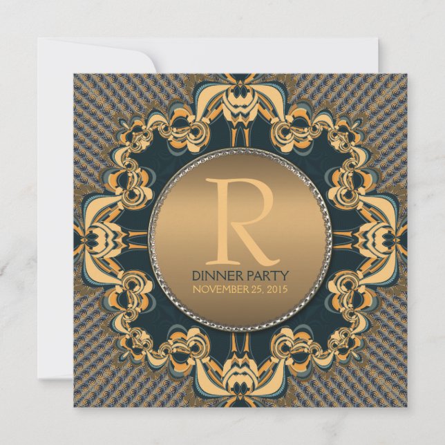 Invitation Soirée Soirée Soirée Monogramme Turquoise Gold Inv (Devant)