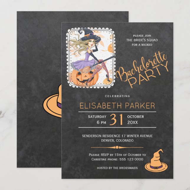 Invitation Soirée sorcière d'Halloween et soirée citrouille (Devant / Derrière)