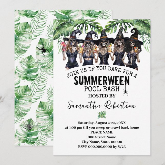 Invitation Soirée Summerween Sorcières Filles Bataille Piscin (Devant / Derrière)