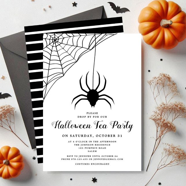 Invitation Soirée Thé d'Halloween à l'araignée noire (Cute Black Spider Halloween Tea Party Invitation)