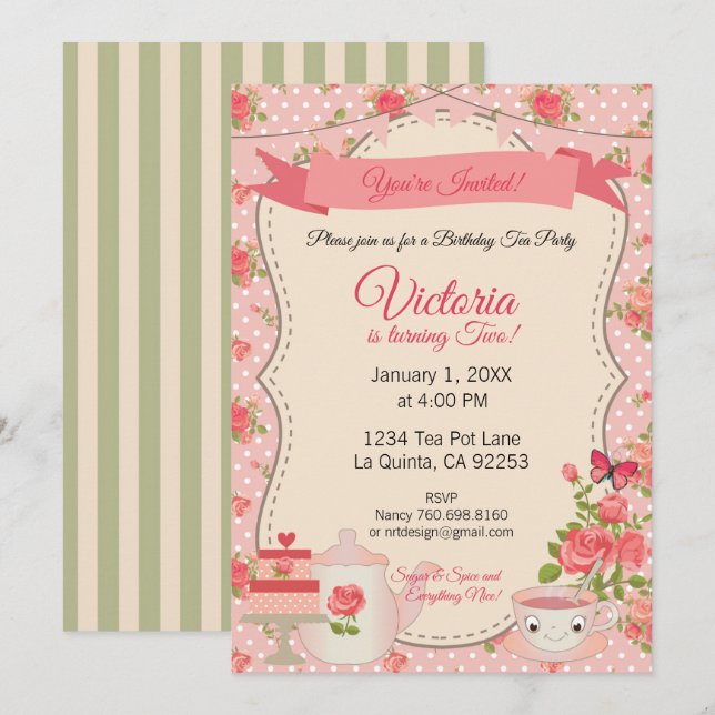Invitation Soirée Thé Sucre & Épice (Floral Rose) (Devant / Derrière)