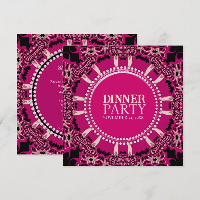 Invitation Soirée Thème Tribal Moderne Rose Foncé (Devant / Derrière)
