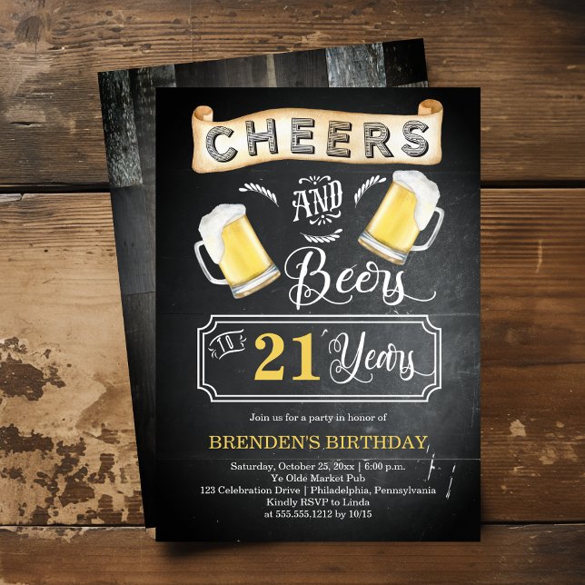 Invitation Soirées et bières à 21 ans fête d'anniversaire (Cheers and Beers to 21 Years Rustic Barroom-Style Birthday Party Invitation)