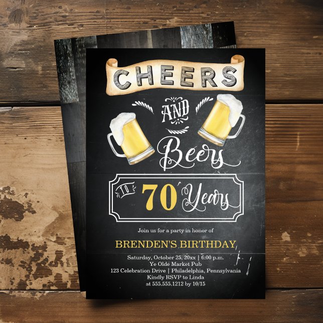 Invitation Soirées et bières à 70 ans fête d'anniversaire (Cheers and Beers to 70 Years Chalkboard Look 70th Birthday Party Invitation)