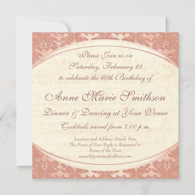 Invitation Soixante ans de fête Vintage de la mère élégante (Devant)