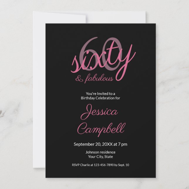 Invitation Soixante ans et Fabuleux Écriture Rose 60e Anniver (Devant)