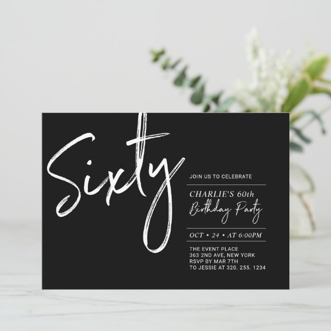 Invitation Soixante | Black & White Modern 60th Birthday Part (Debout devant)