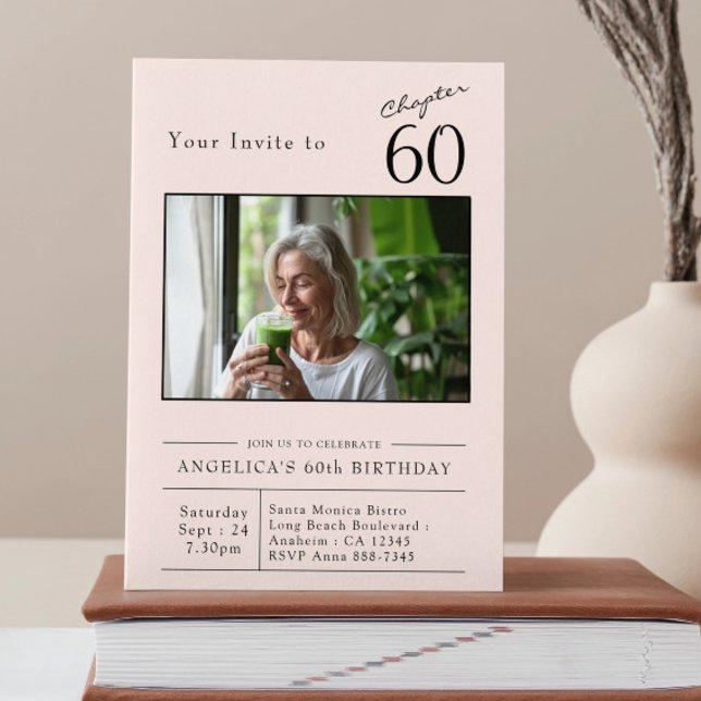 Invitation Soixante Blush Pink 60e Anniversaire Photo (60th birthday blush pink party invitation stood on a book.)