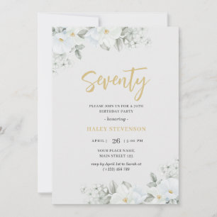 Invitation Soixante-dix Blanc & Or Blanc Floral Élégant Anniv