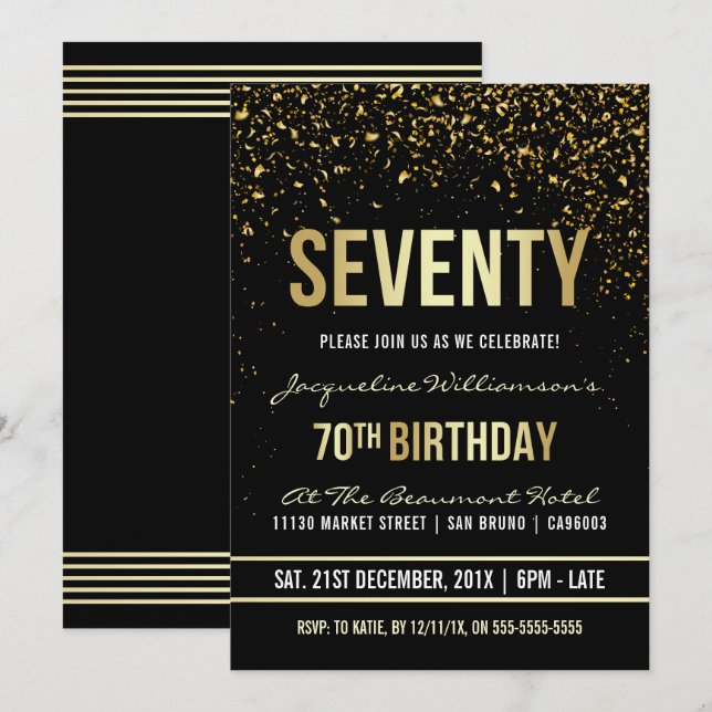 Invitation soixante-dixième Confettis miroitants d'or de la (Devant / Derrière)