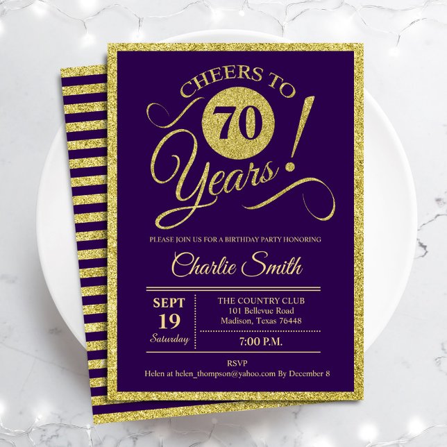 Invitation Soixante-dixième fête d'anniversaire - Gold Purple (Créateur téléchargé)