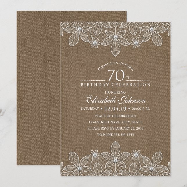 Invitation soixante-dixième Perles et dentelle rustiques de (Devant / Derrière)