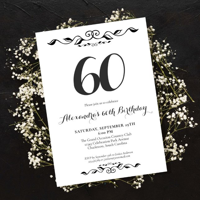 Invitation Soixante élégante Black & White 60e fête d'anniver (Créateur téléchargé)