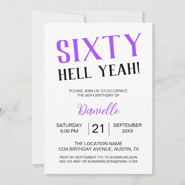 Invitation Soixante Enfer Oui ! Bold Purple 60e anniversaire (Devant)