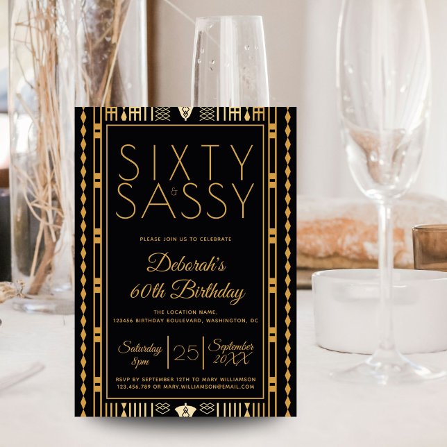 Invitation Soixante et Sassy Black Gold Elgant Roaring 20s 60 (Créateur téléchargé)