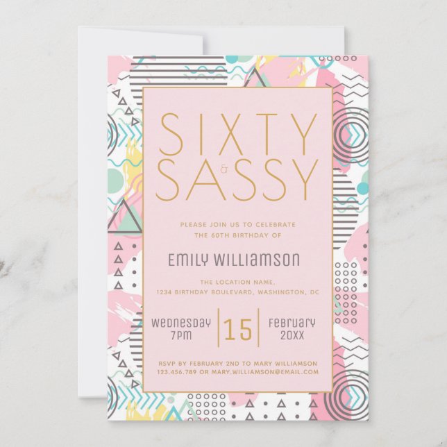 Invitation Soixante et Sassy Pink Retro 60e fête d'anniversai (Devant)