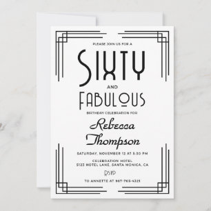 Invitation Soixante merveilleux Art déco noir et blanc 60e an