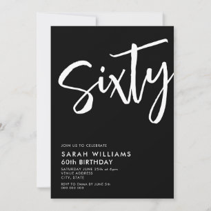 Invitation Soixante Noir moderne et blanc 60e anniversaire
