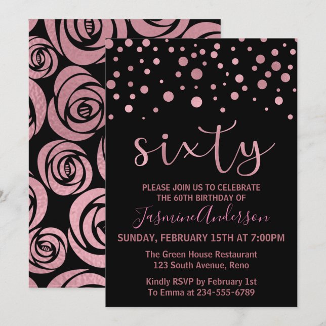 Invitation Soixantième anniversaire des Gold Faux Foil Rose (Devant / Derrière)