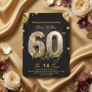 Invitation Soixantième Anniversaire Noir et Or Étincelant Lux