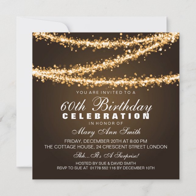 Invitation Soixantième lumières élégantes de ficelle d'or de (Devant)