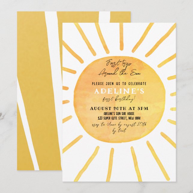 Invitation Soleil 1er anniversaire aquarelle autour du soleil (Devant / Derrière)