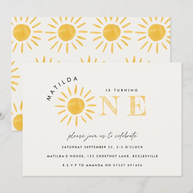 Invitation soleil 1er anniversaire aquarelle soleil jaune mod (Devant / Derrière)