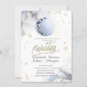 Invitation Soleil céleste d'or, Lune, Mariage d'étoiles