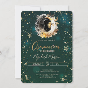 Invitation Soleil Céleste Et Lune Étoiles Verte Quinceañera