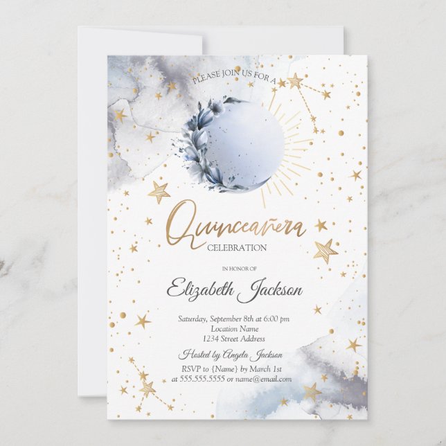 Invitation Soleil céleste, Lune bleue, Etoiles Quinceanera Fl (Devant)