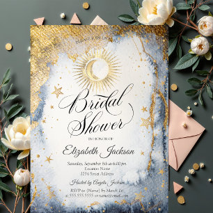 Invitation Soleil Céleste, Lune, Étoiles Aquarelle Or